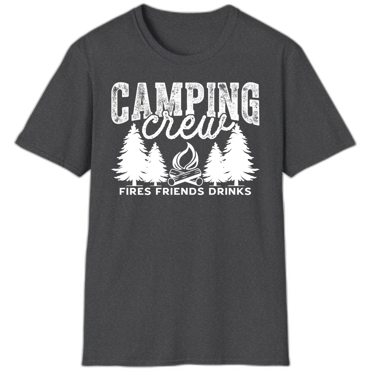Distressed white design with 'CAMPING' text, campfire, evergreen trees, and 'FIRES FRIENDS DRINKS' script on gray background in Dark Heather