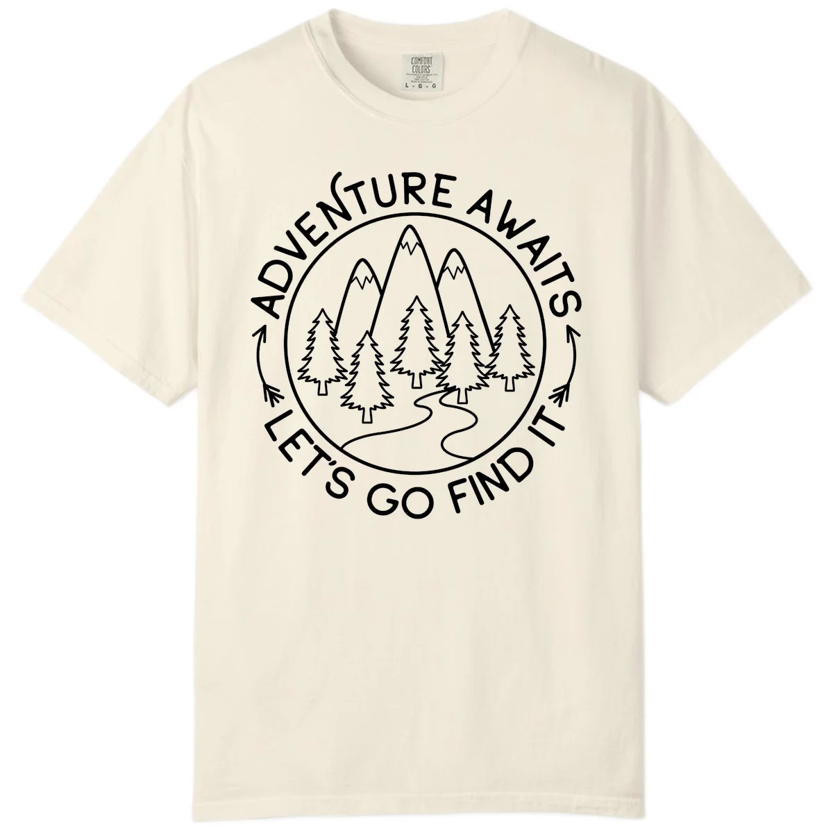 Circular badge with forest scene of evergreen trees and mountains, text reads 'Adventure Awaits Let's Go Find It' in Ivory