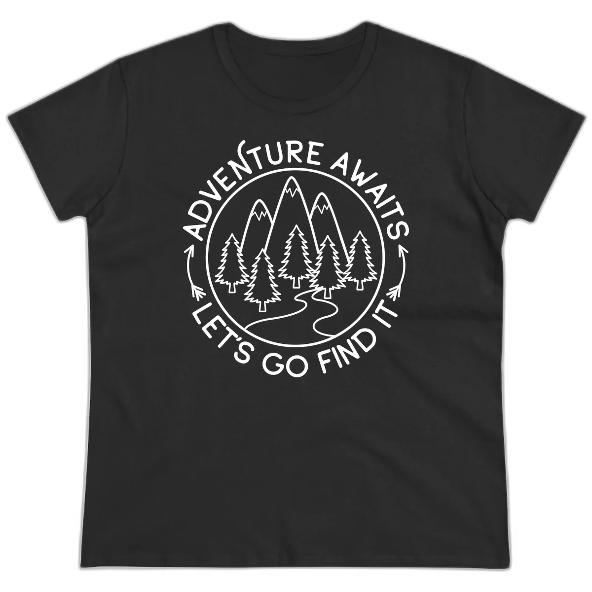 Circular badge with forest scene of evergreen trees and mountains, text reads 'Adventure Awaits Let's Go Find It' in Black