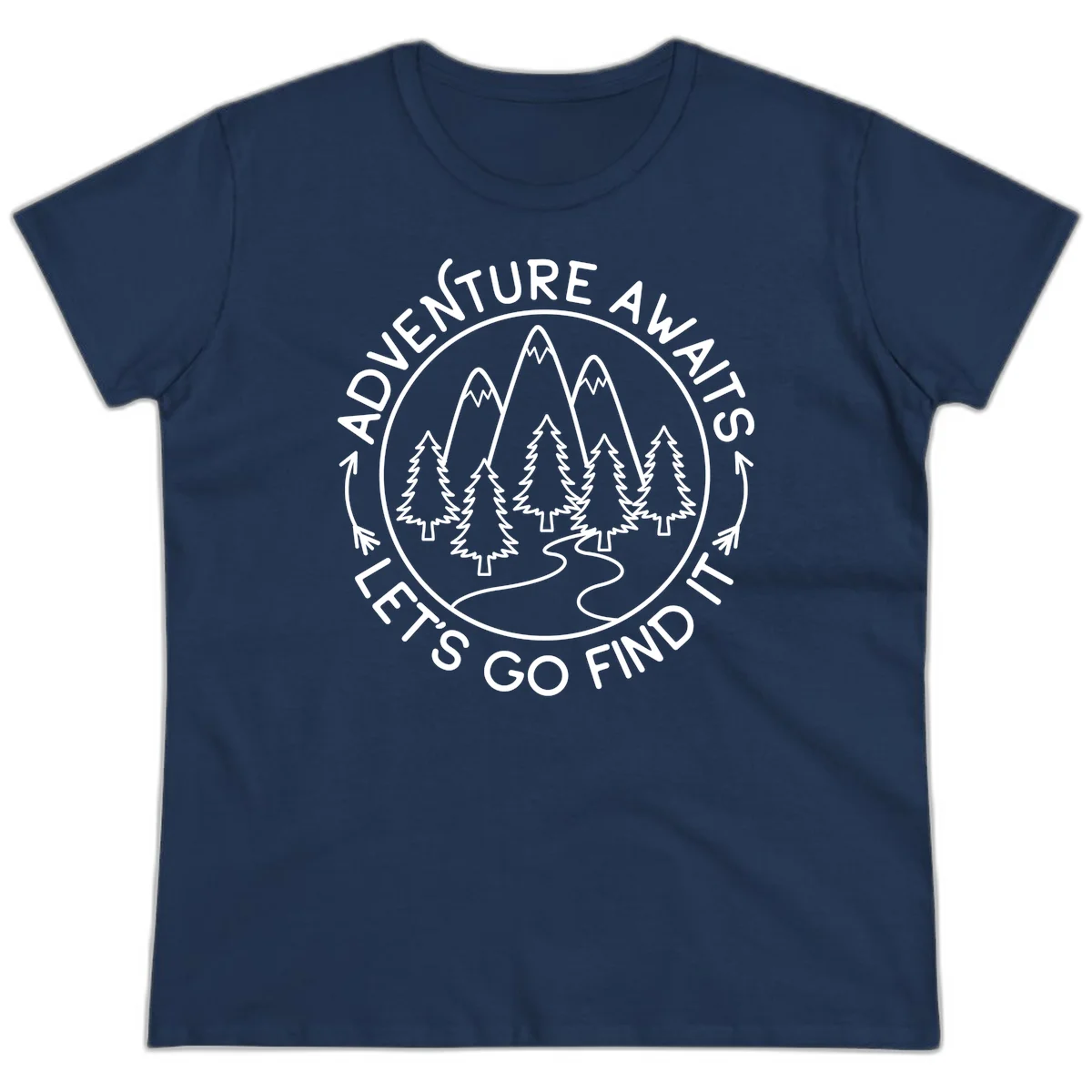 Circular badge with forest scene of evergreen trees and mountains, text reads 'Adventure Awaits Let's Go Find It' in Navy