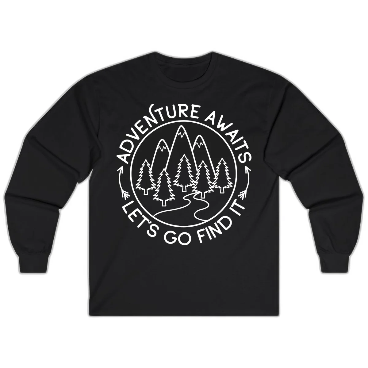 Circular badge with forest scene of evergreen trees and mountains, text reads 'Adventure Awaits Let's Go Find It' in Black