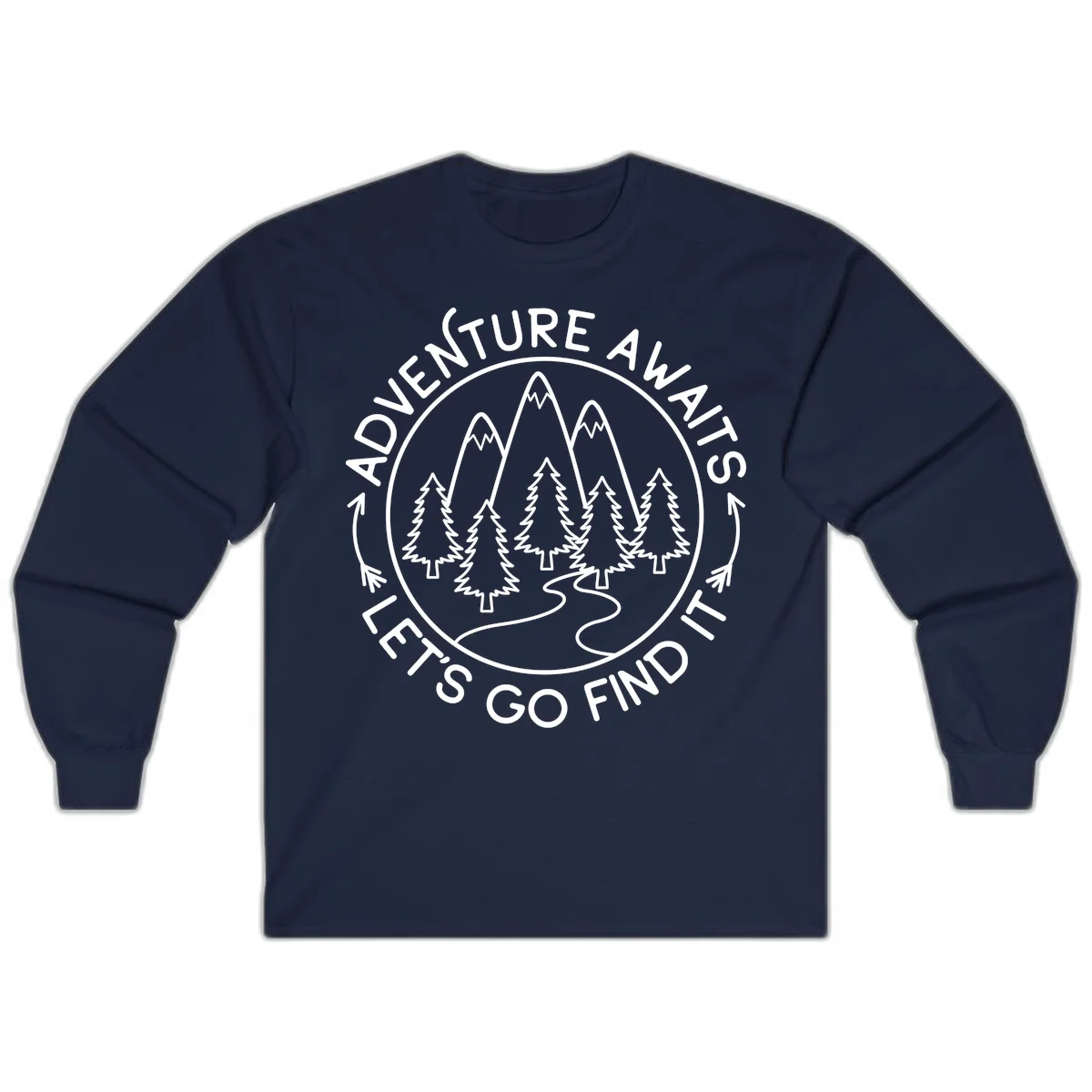 Circular badge with forest scene of evergreen trees and mountains, text reads 'Adventure Awaits Let's Go Find It' in Navy