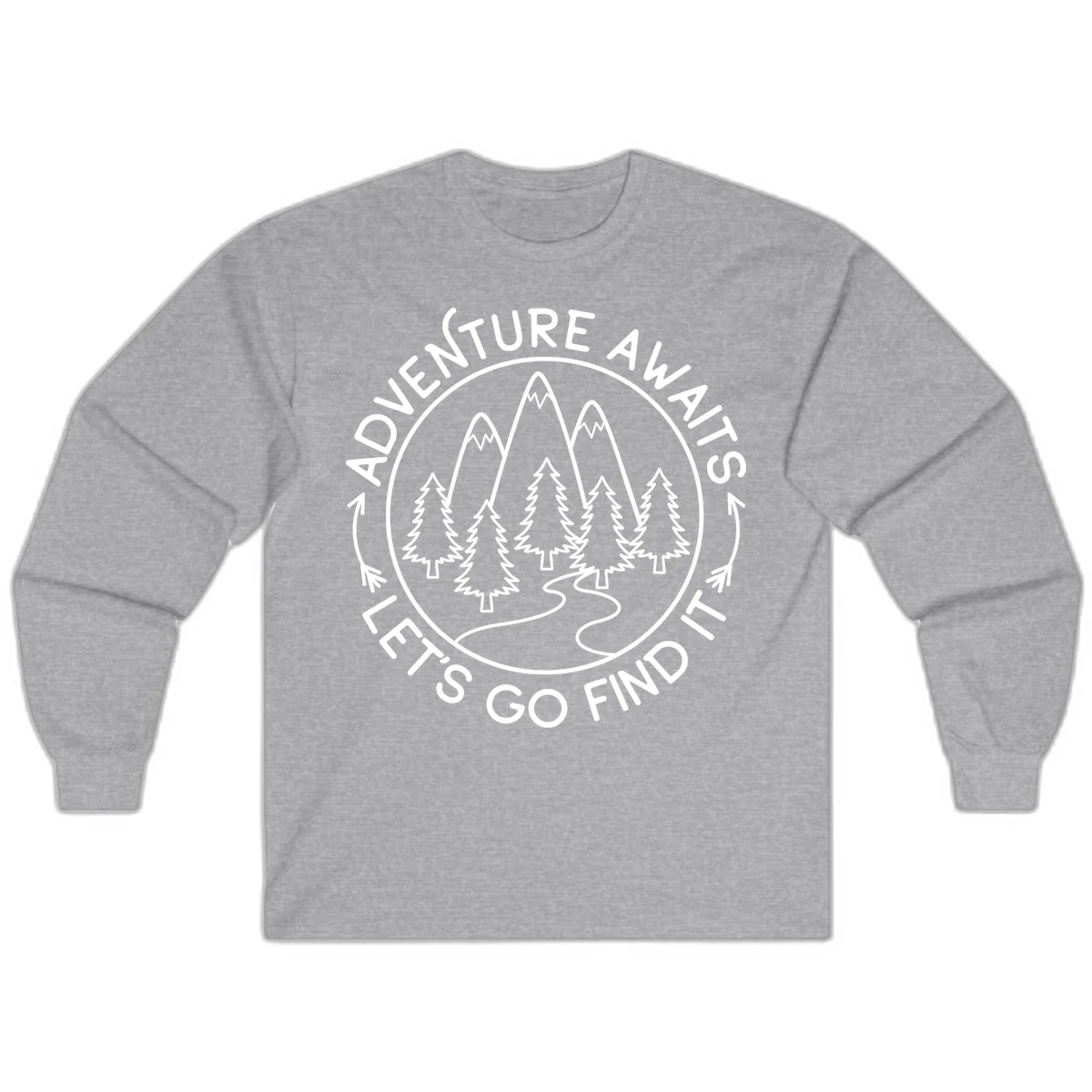 Circular badge with forest scene of evergreen trees and mountains, text reads 'Adventure Awaits Let's Go Find It' in Sport Grey