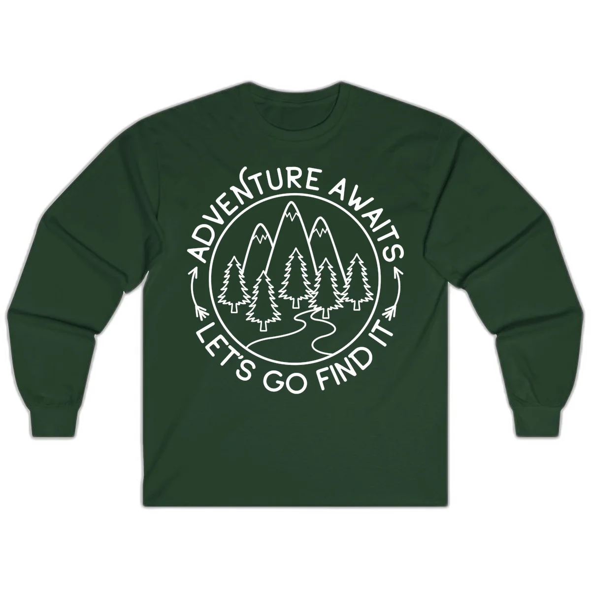 Circular badge with forest scene of evergreen trees and mountains, text reads 'Adventure Awaits Let's Go Find It' in Forest Green