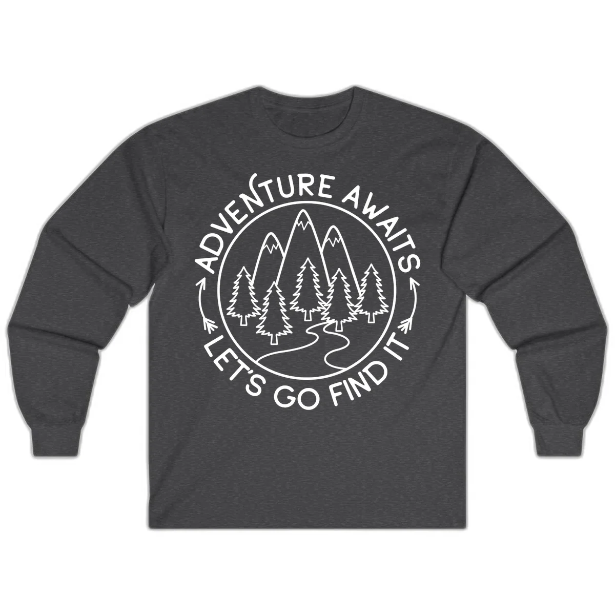 Circular badge with forest scene of evergreen trees and mountains, text reads 'Adventure Awaits Let's Go Find It' in Dark Heather