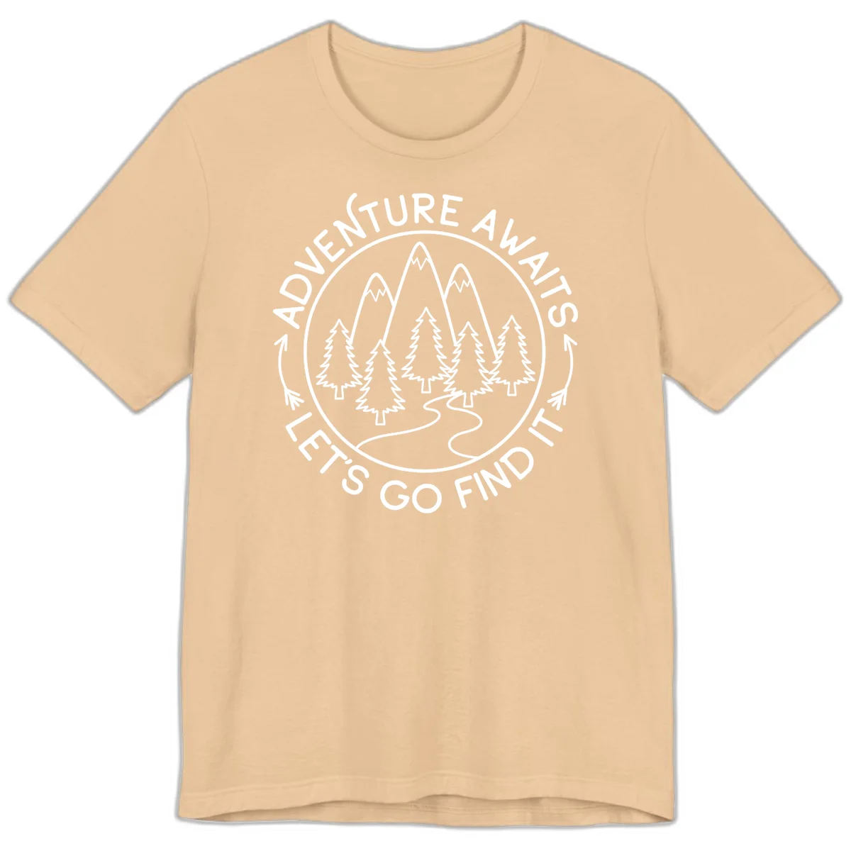 Circular badge with forest scene of evergreen trees and mountains, text reads 'Adventure Awaits Let's Go Find It' in Sand Dune