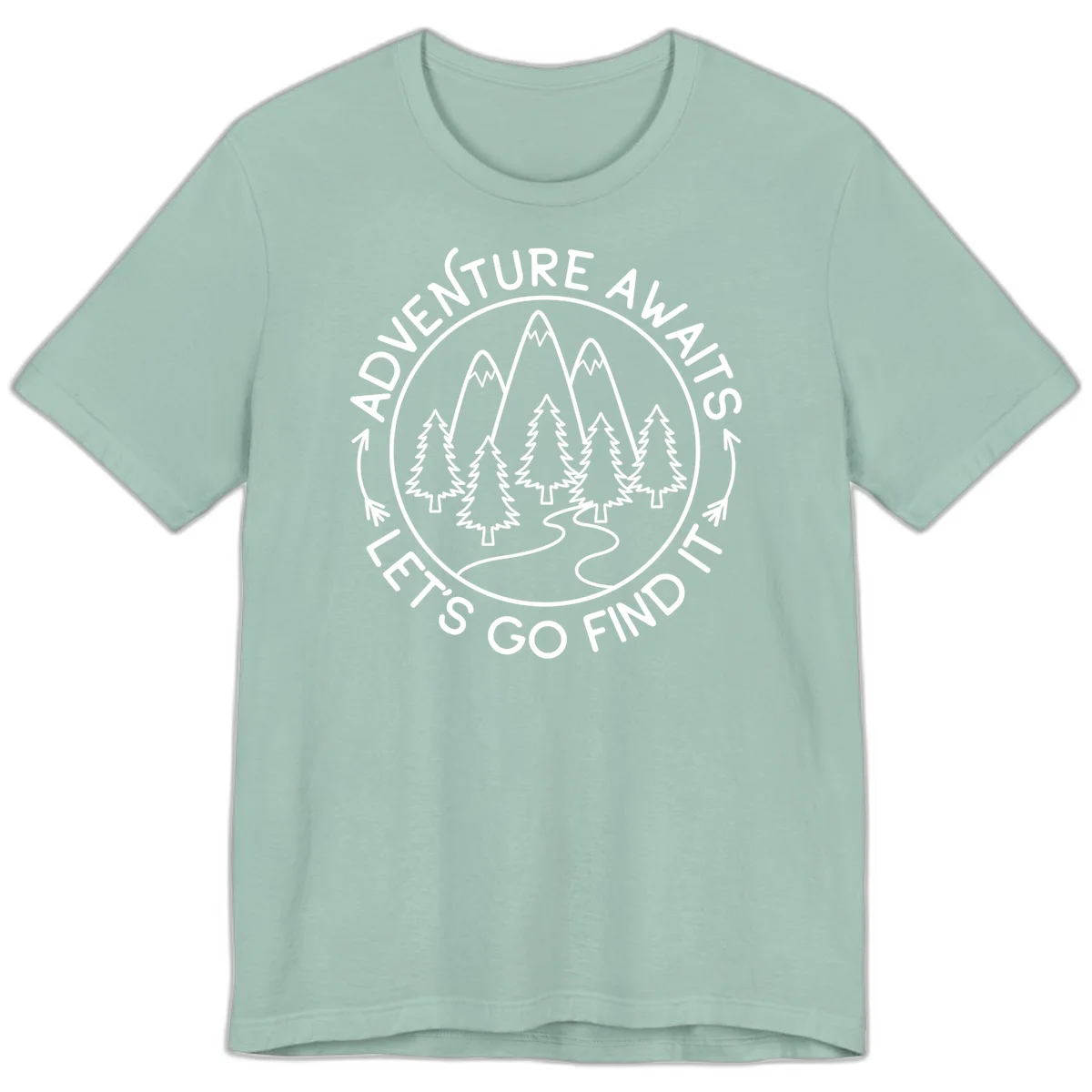 Circular badge with forest scene of evergreen trees and mountains, text reads 'Adventure Awaits Let's Go Find It' in Dusty Blue