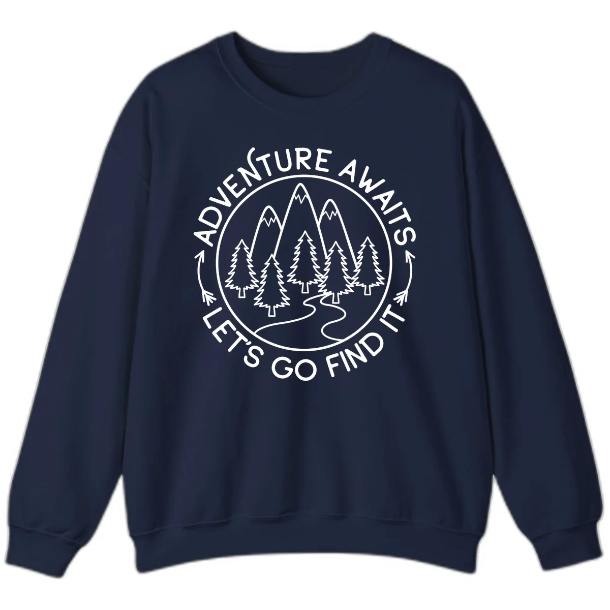 Circular badge with forest scene of evergreen trees and mountains, text reads 'Adventure Awaits Let's Go Find It' in Navy