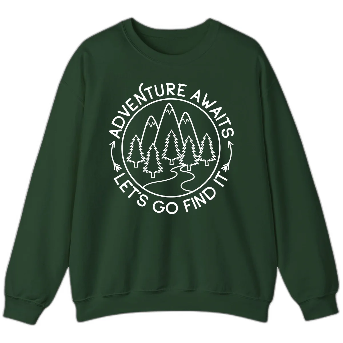 Circular badge with forest scene of evergreen trees and mountains, text reads 'Adventure Awaits Let's Go Find It' in Forest Green