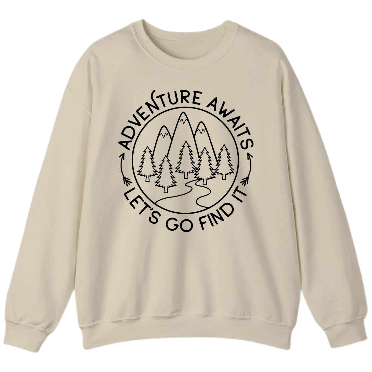 Circular badge with forest scene of evergreen trees and mountains, text reads 'Adventure Awaits Let's Go Find It' in Sand