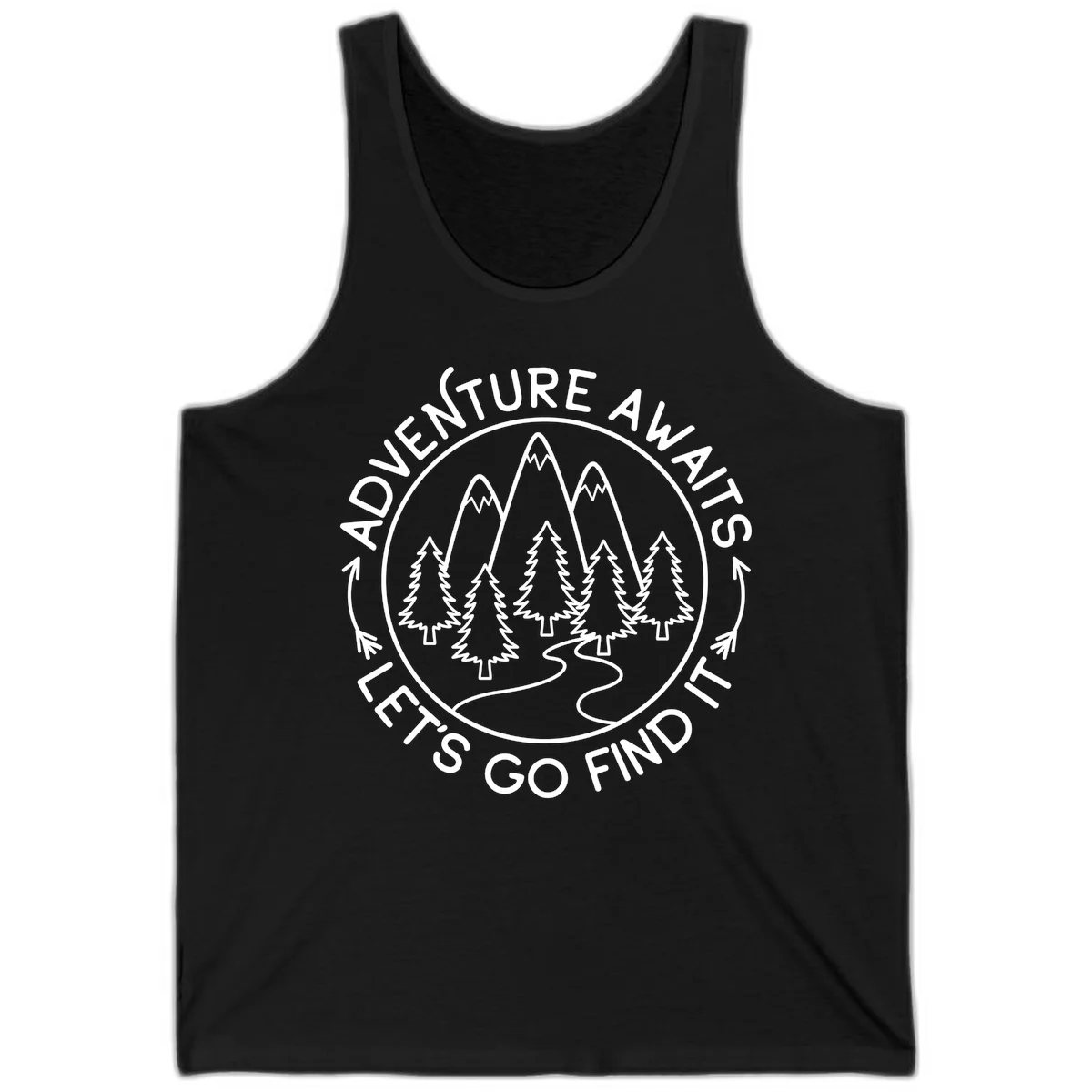 Circular badge with forest scene of evergreen trees and mountains, text reads 'Adventure Awaits Let's Go Find It' in Black