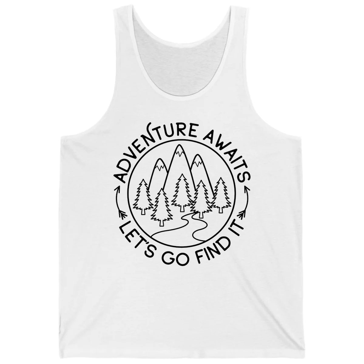 Circular badge with forest scene of evergreen trees and mountains, text reads 'Adventure Awaits Let's Go Find It' in White