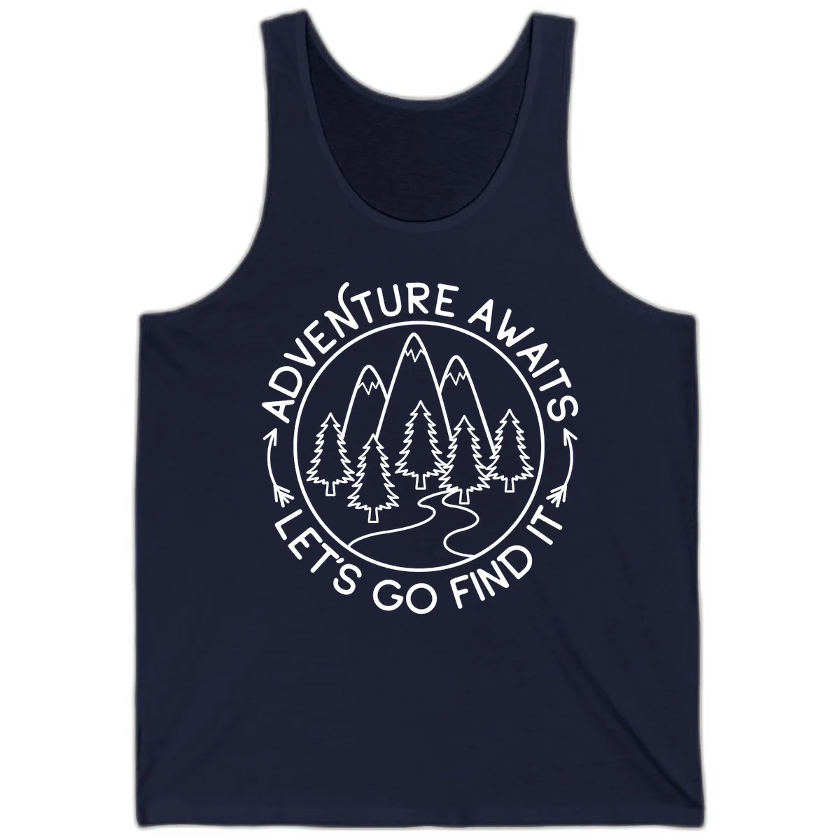 Circular badge with forest scene of evergreen trees and mountains, text reads 'Adventure Awaits Let's Go Find It' in Navy