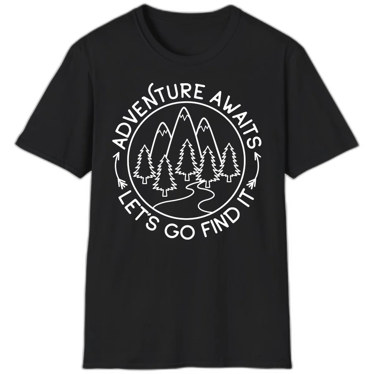 Circular badge with forest scene of evergreen trees and mountains, text reads 'Adventure Awaits Let's Go Find It' in Black