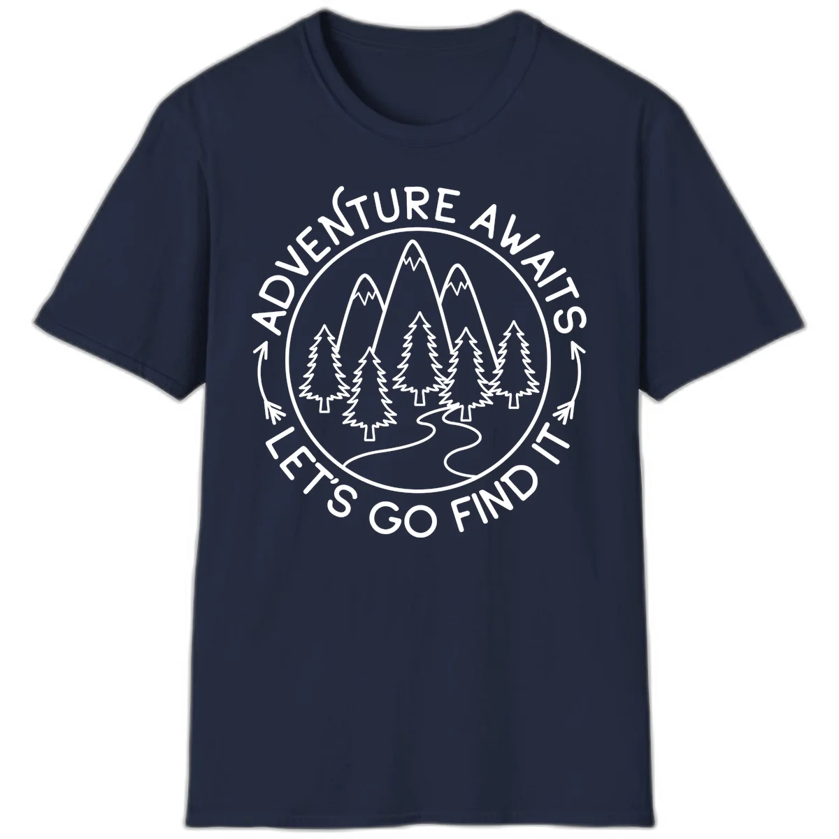 Circular badge with forest scene of evergreen trees and mountains, text reads 'Adventure Awaits Let's Go Find It' in Navy