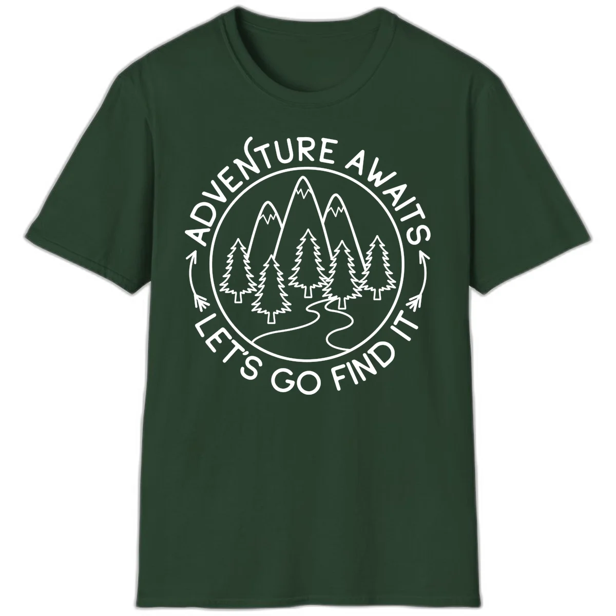 Circular badge with forest scene of evergreen trees and mountains, text reads 'Adventure Awaits Let's Go Find It' in Forest Green