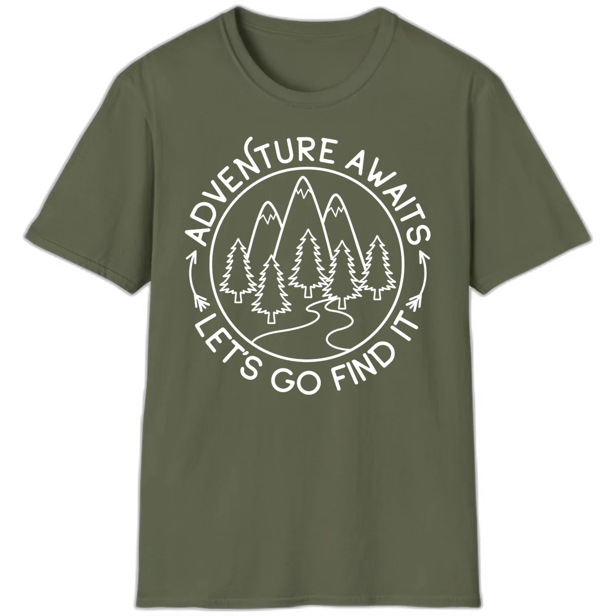 Circular badge with forest scene of evergreen trees and mountains, text reads 'Adventure Awaits Let's Go Find It' in Military Green
