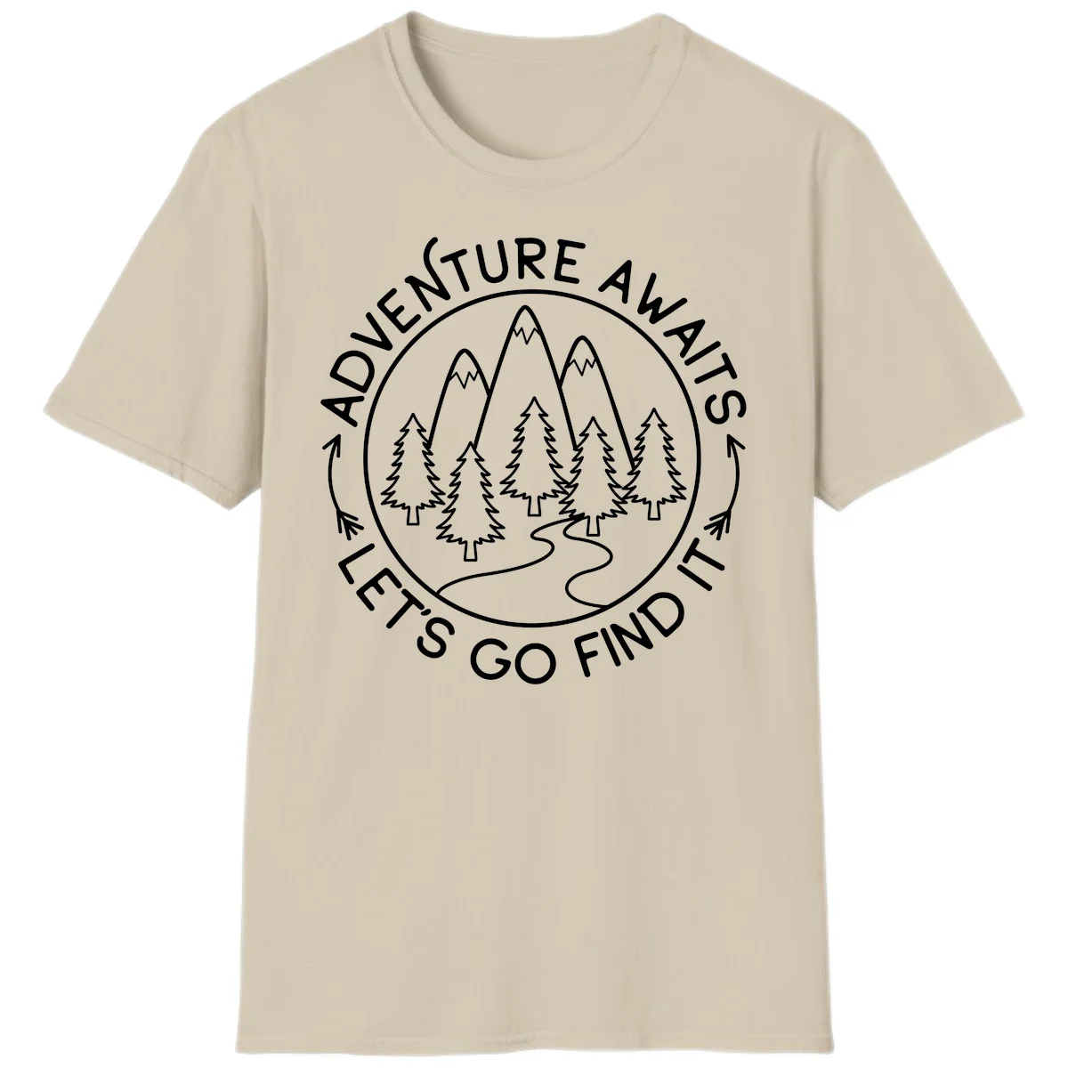 Circular badge with forest scene of evergreen trees and mountains, text reads 'Adventure Awaits Let's Go Find It' in Sand