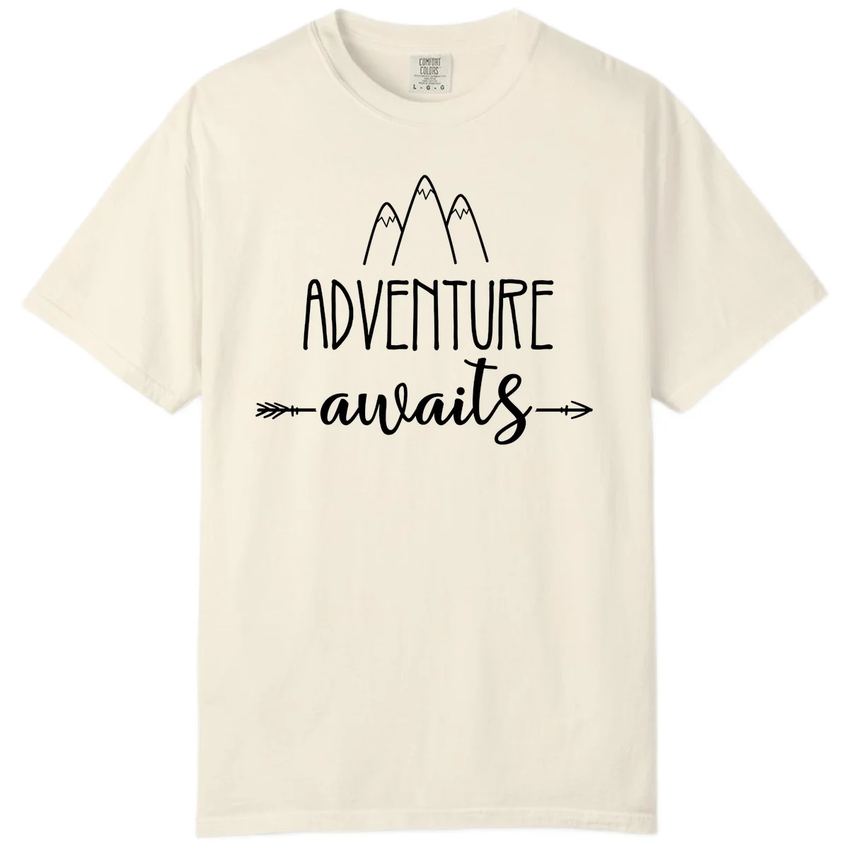 Adventure awaits mountains design with three snow-capped peaks and decorative arrows in white linework in Ivory
