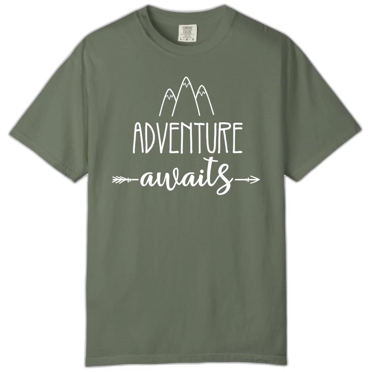 Adventure awaits mountains design with three snow-capped peaks and decorative arrows in white linework in Moss