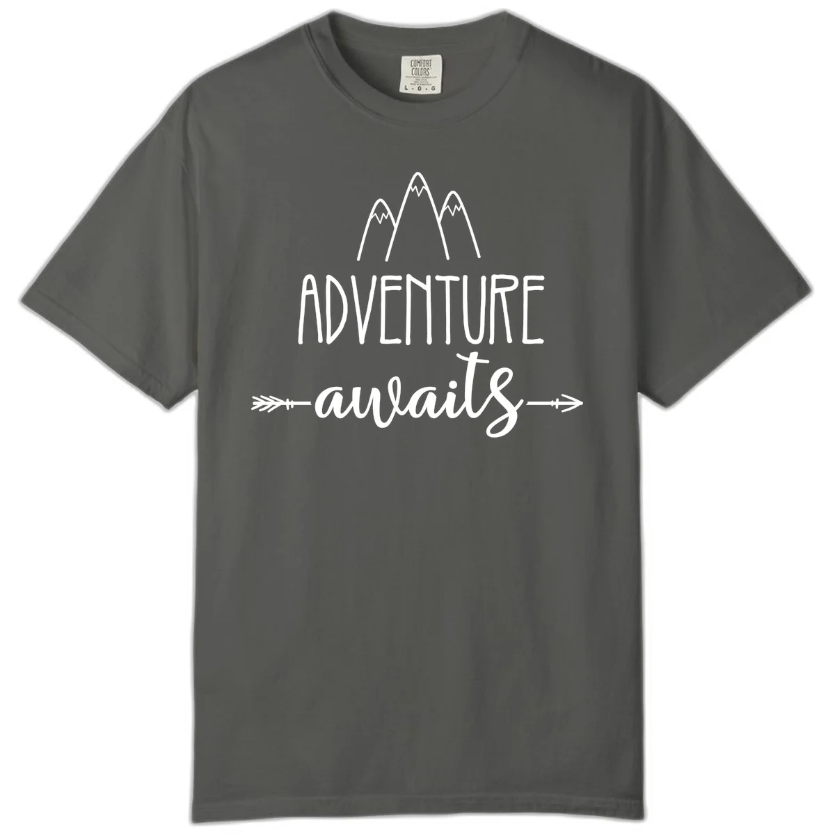 Adventure awaits mountains design with three snow-capped peaks and decorative arrows in white linework in Pepper
