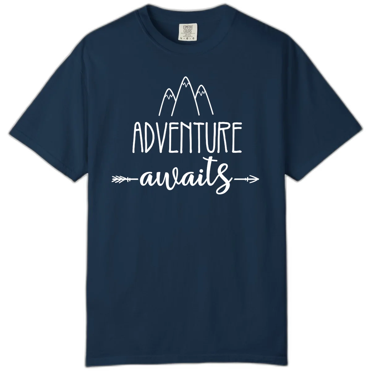 Adventure awaits mountains design with three snow-capped peaks and decorative arrows in white linework in True Navy