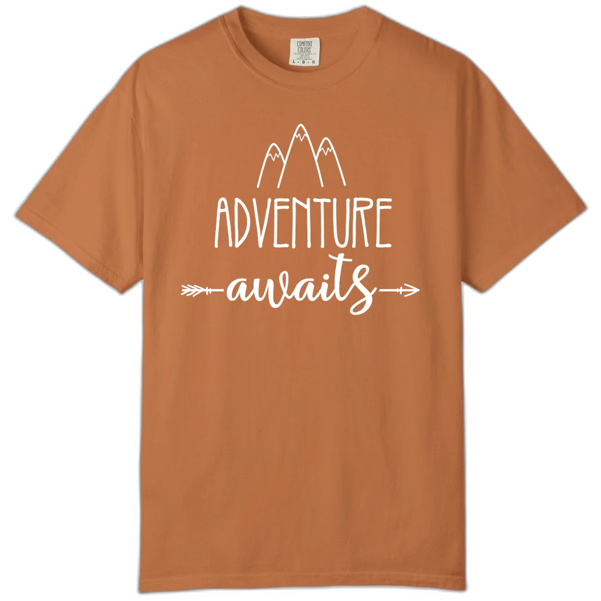 Adventure awaits mountains design with three snow-capped peaks and decorative arrows in white linework in Yam