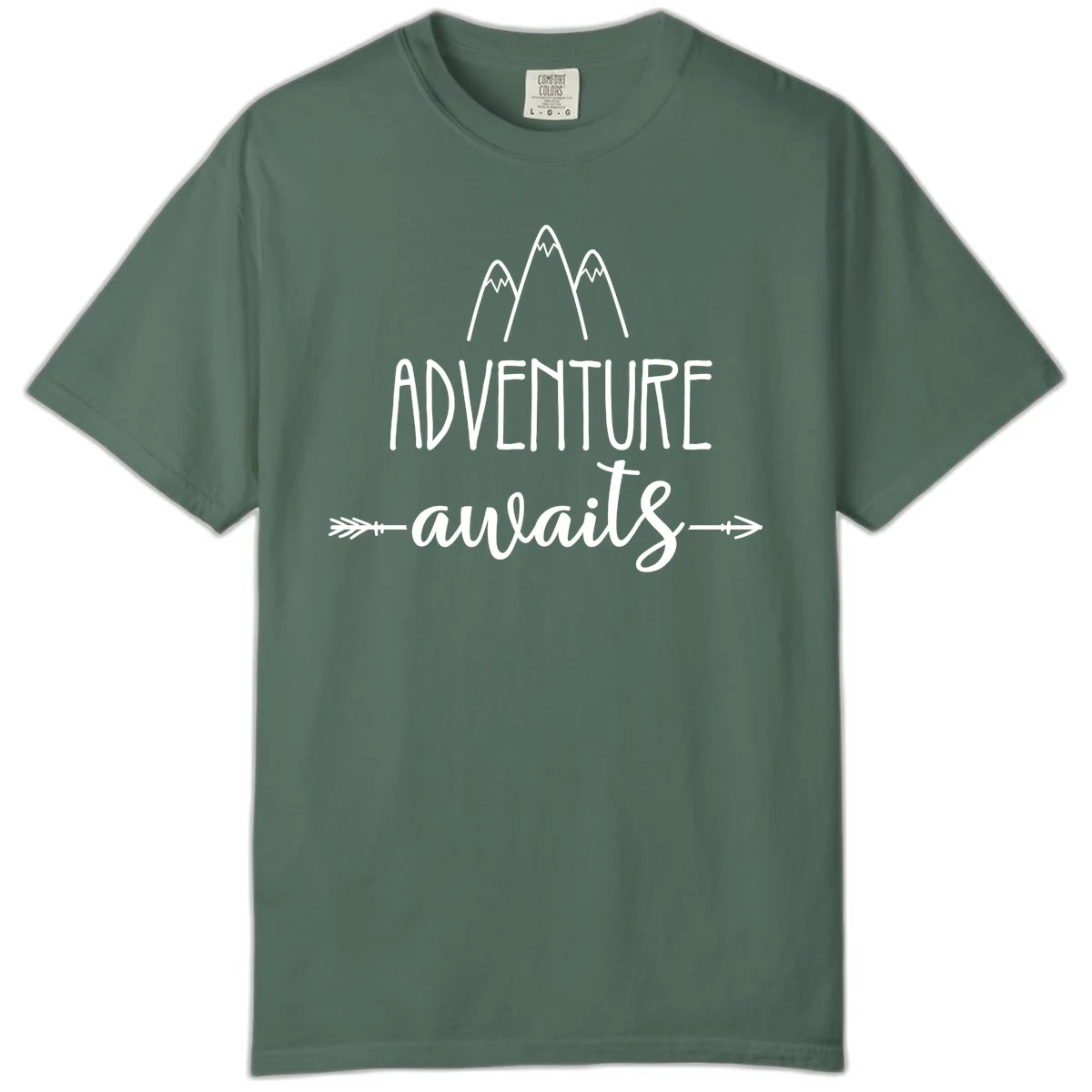 Adventure awaits mountains design with three snow-capped peaks and decorative arrows in white linework in Blue Spruce