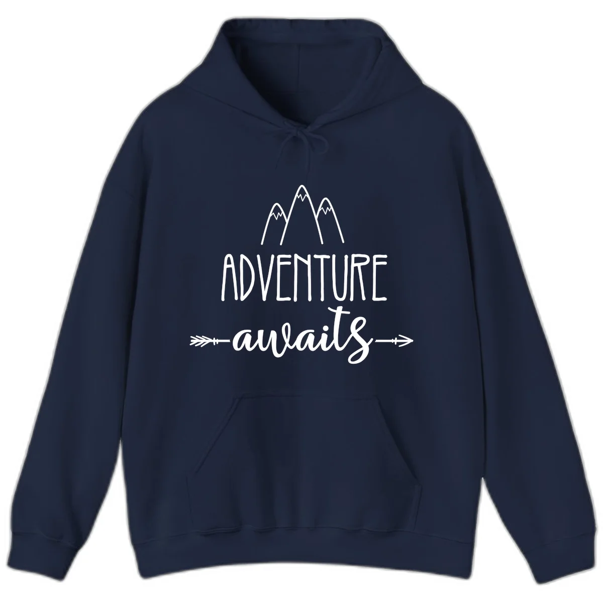 Adventure awaits mountains design with three snow-capped peaks and decorative arrows in white linework in Navy
