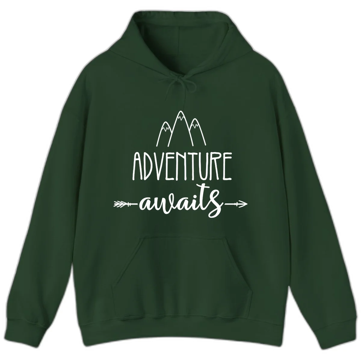 Adventure awaits mountains design with three snow-capped peaks and decorative arrows in white linework in Forest Green