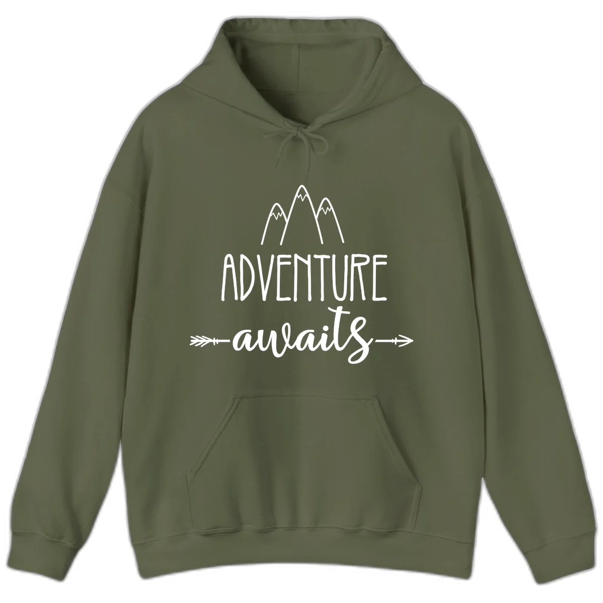 Adventure awaits mountains design with three snow-capped peaks and decorative arrows in white linework in Military Green