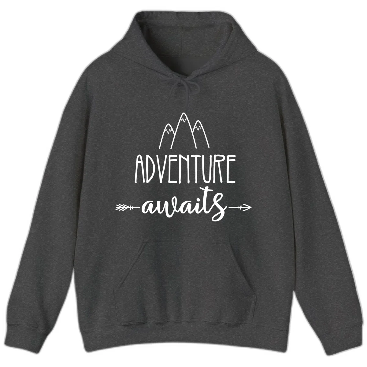Adventure awaits mountains design with three snow-capped peaks and decorative arrows in white linework in Dark Heather