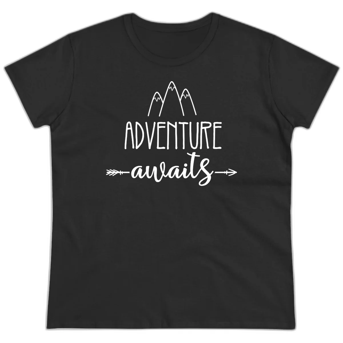 Adventure awaits mountains design with three snow-capped peaks and decorative arrows in white linework in Black
