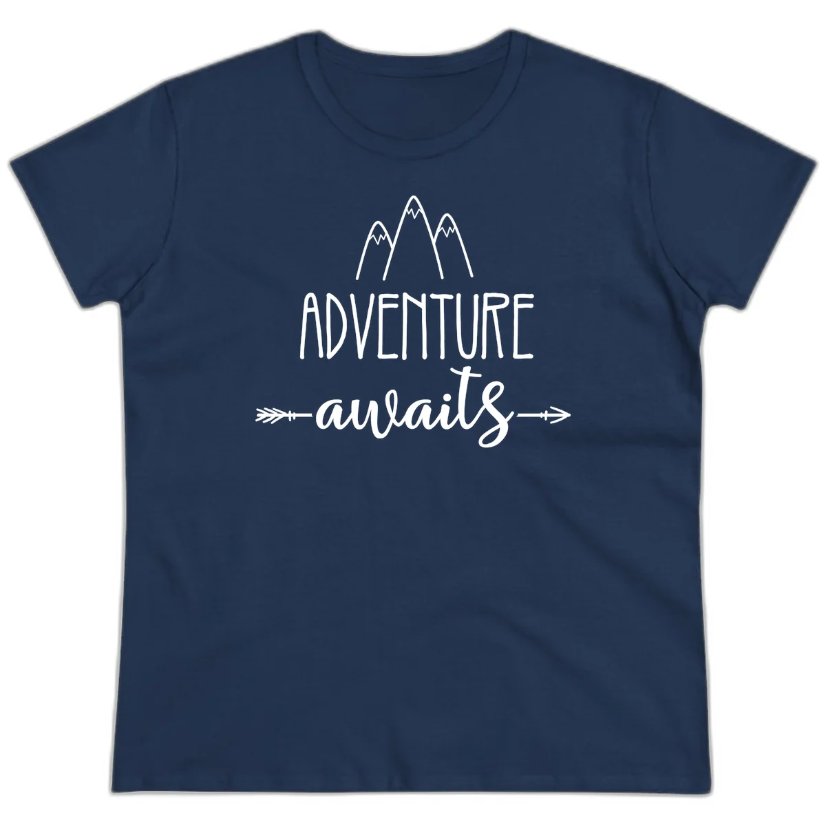 Adventure awaits mountains design with three snow-capped peaks and decorative arrows in white linework in Navy