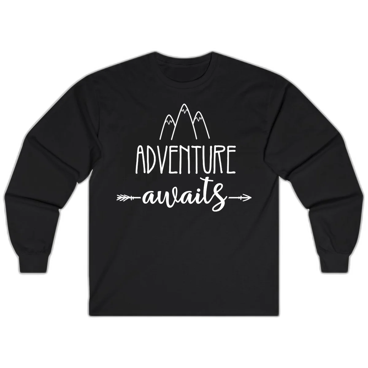 Adventure awaits mountains design with three snow-capped peaks and decorative arrows in white linework in Black