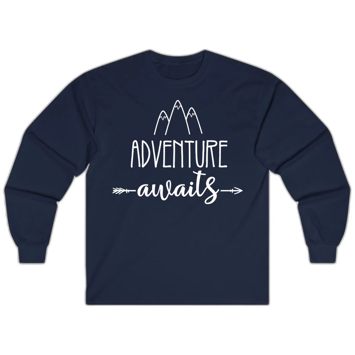 Adventure awaits mountains design with three snow-capped peaks and decorative arrows in white linework in Navy