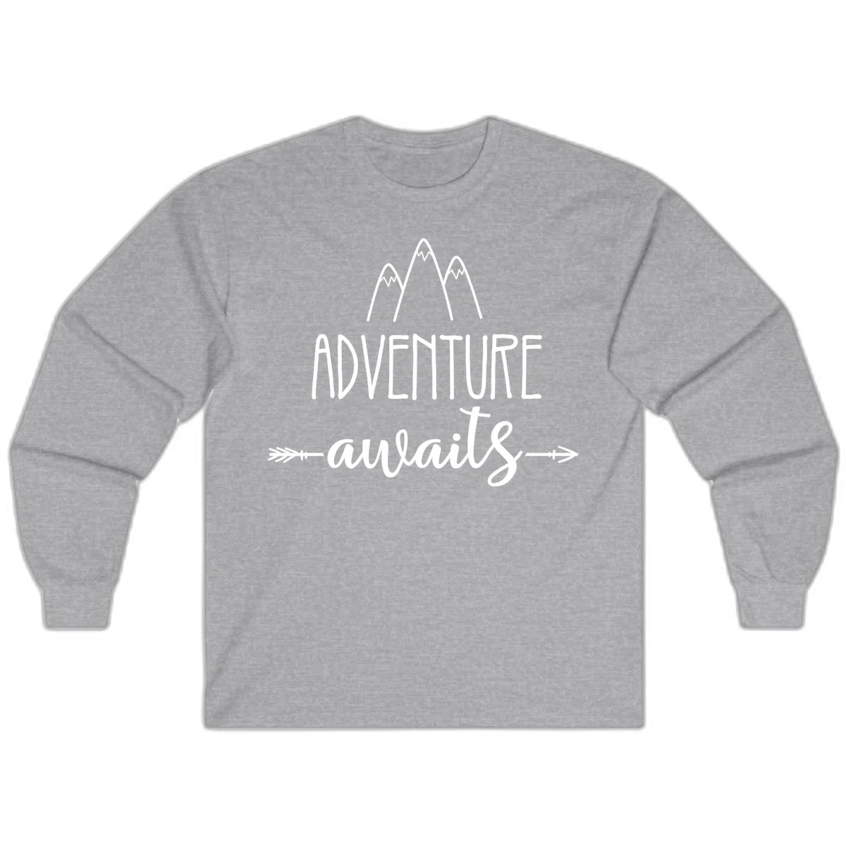 Adventure awaits mountains design with three snow-capped peaks and decorative arrows in white linework in Sport Grey