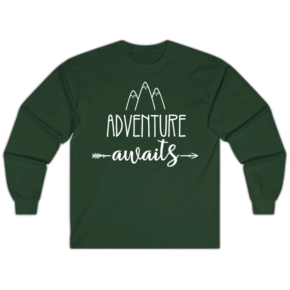 Adventure awaits mountains design with three snow-capped peaks and decorative arrows in white linework in Forest Green