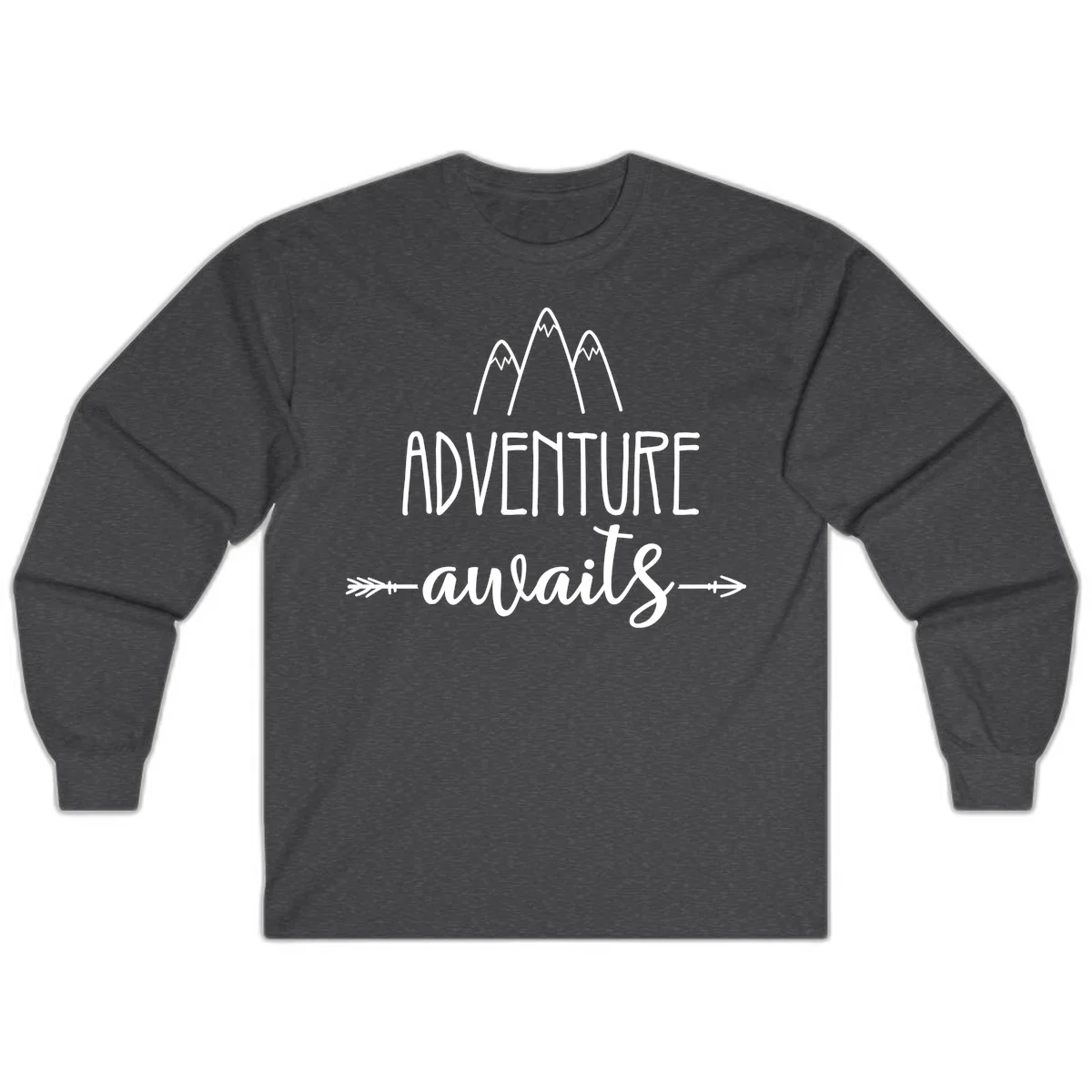 Adventure awaits mountains design with three snow-capped peaks and decorative arrows in white linework in Dark Heather