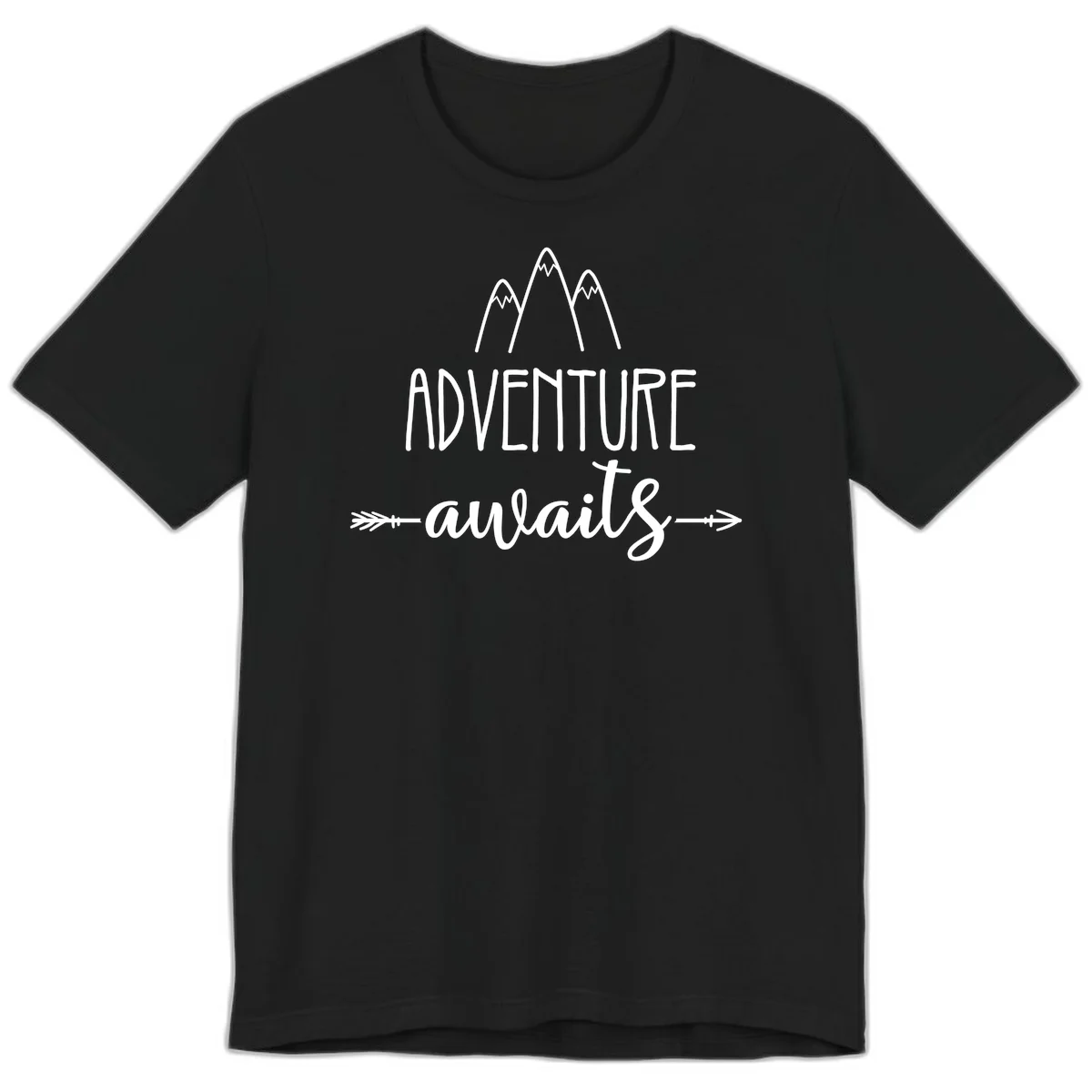 Adventure awaits mountains design with three snow-capped peaks and decorative arrows in white linework in Black