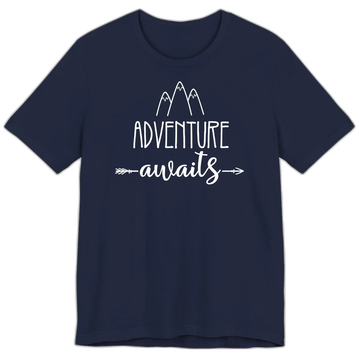 Adventure awaits mountains design with three snow-capped peaks and decorative arrows in white linework in Navy
