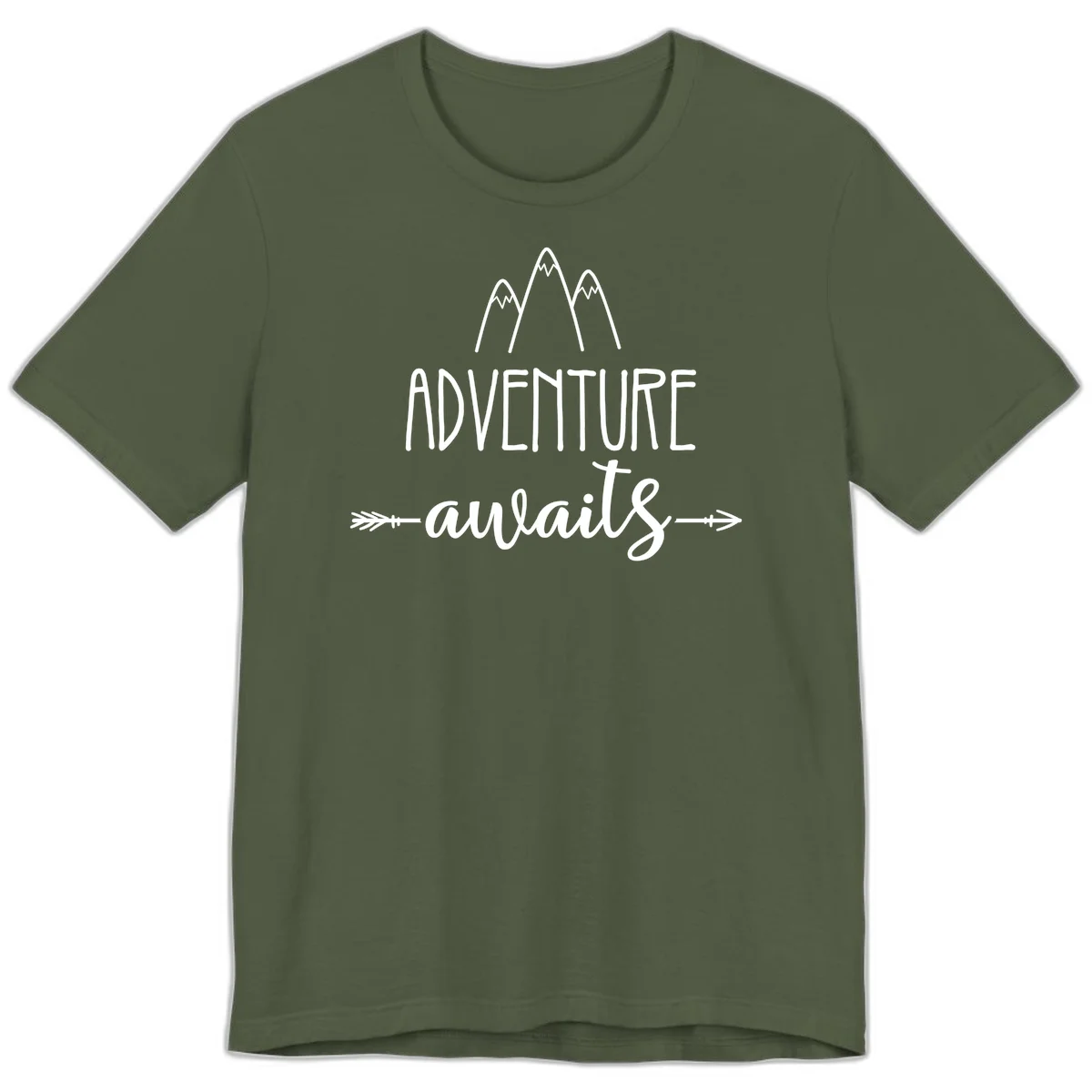Adventure awaits mountains design with three snow-capped peaks and decorative arrows in white linework in Military Green