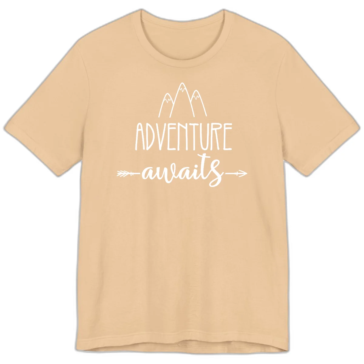 Adventure awaits mountains design with three snow-capped peaks and decorative arrows in white linework in Sand Dune