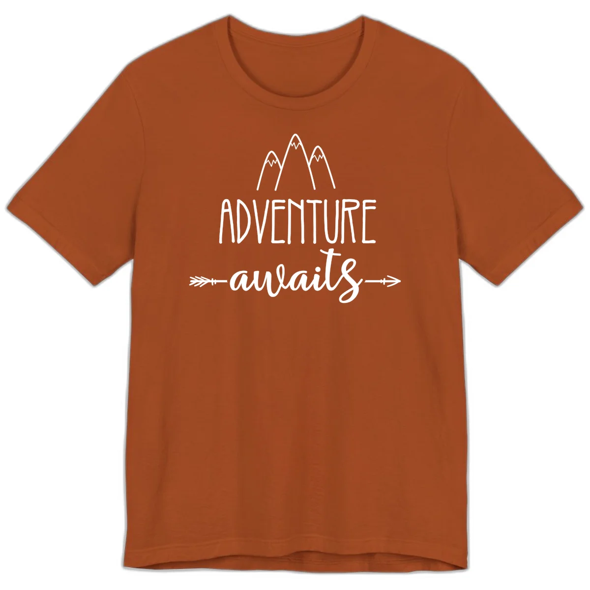 Adventure awaits mountains design with three snow-capped peaks and decorative arrows in white linework in Autumn