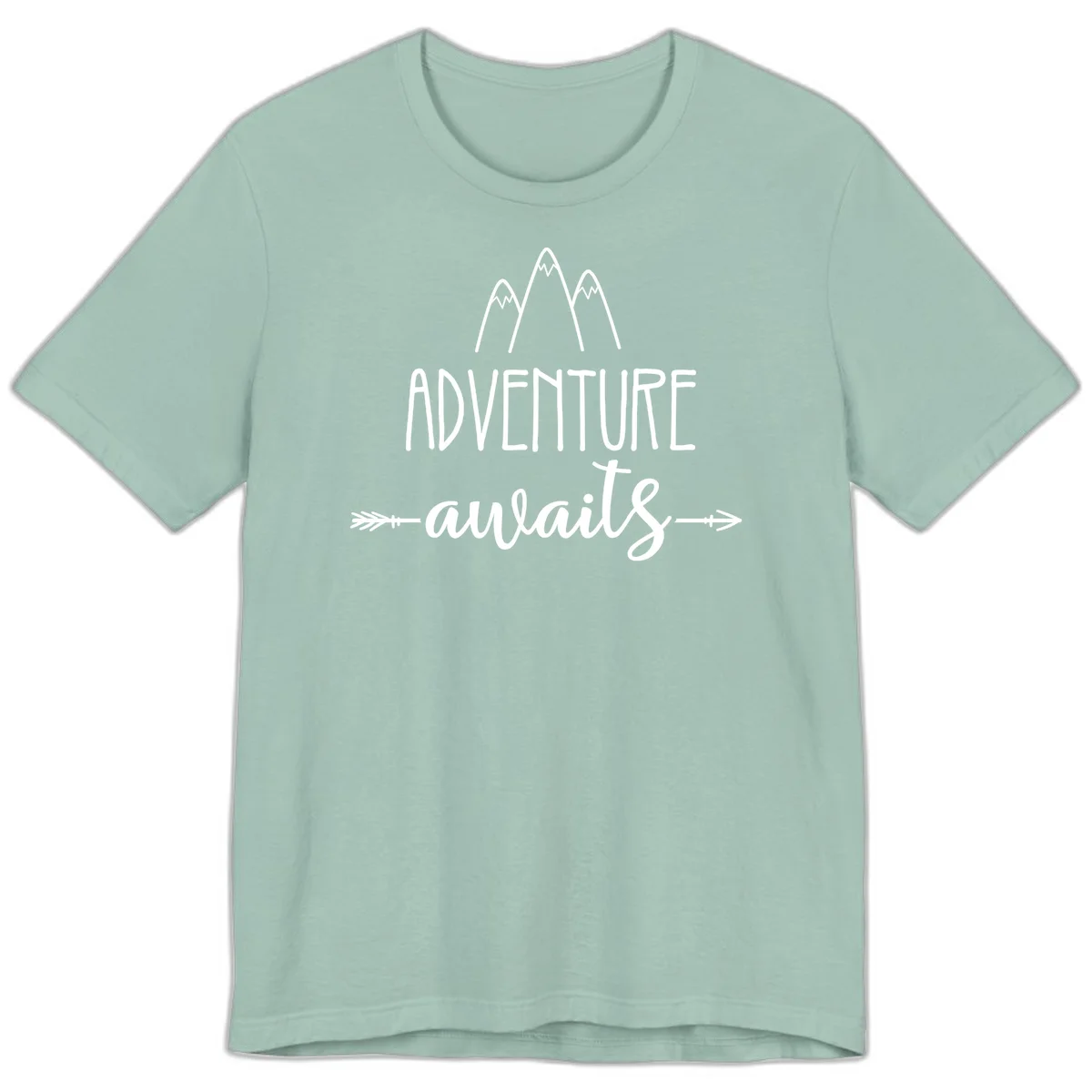 Adventure awaits mountains design with three snow-capped peaks and decorative arrows in white linework in Dusty Blue