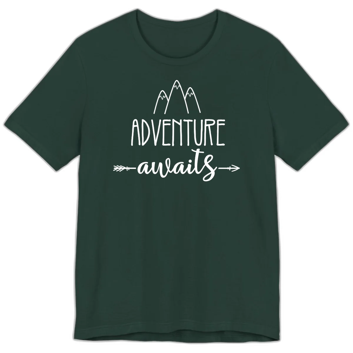 Adventure awaits mountains design with three snow-capped peaks and decorative arrows in white linework in Forest