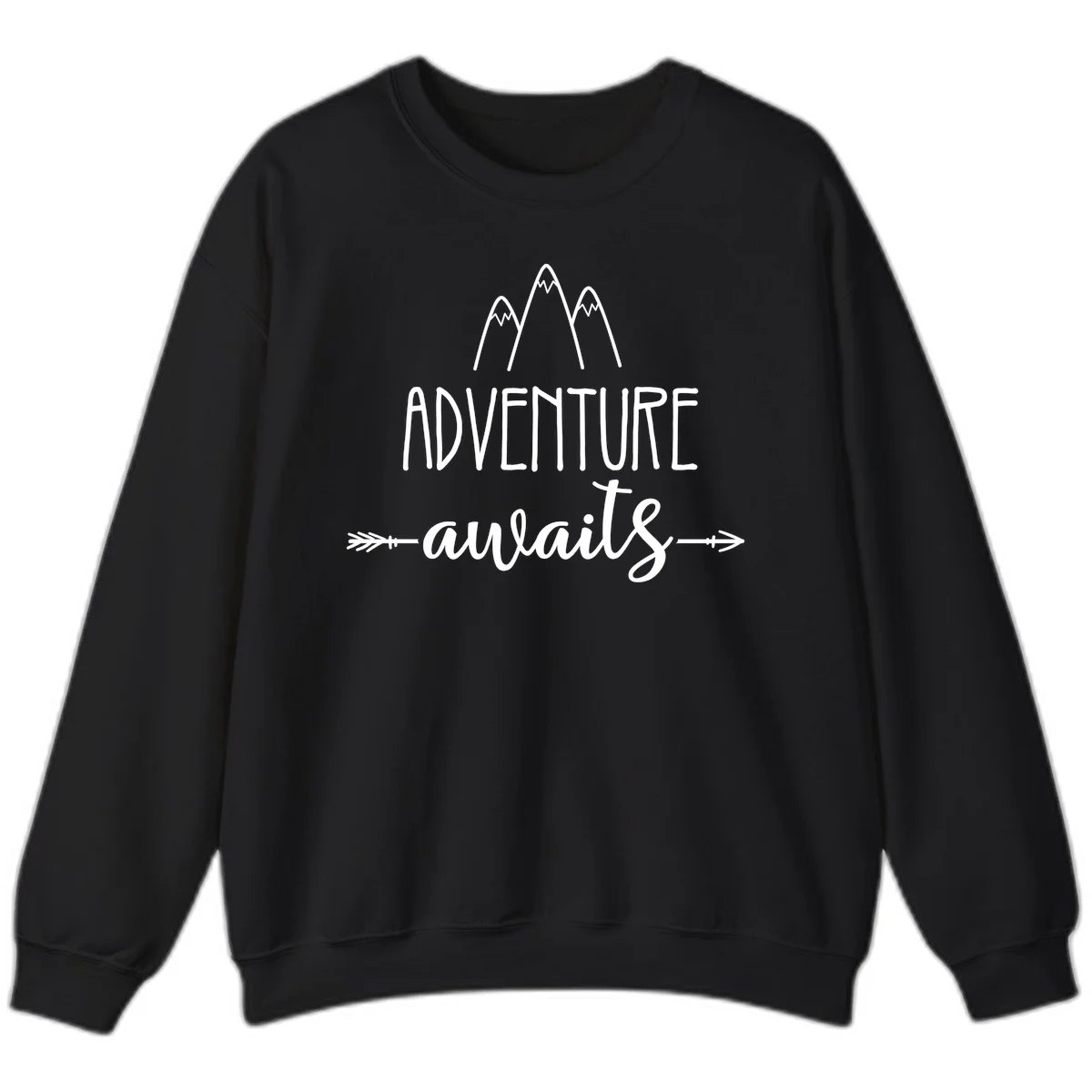Adventure awaits mountains design with three snow-capped peaks and decorative arrows in white linework in Black