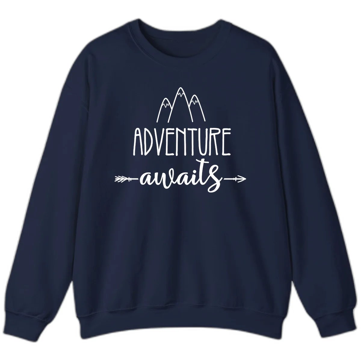 Adventure awaits mountains design with three snow-capped peaks and decorative arrows in white linework in Navy