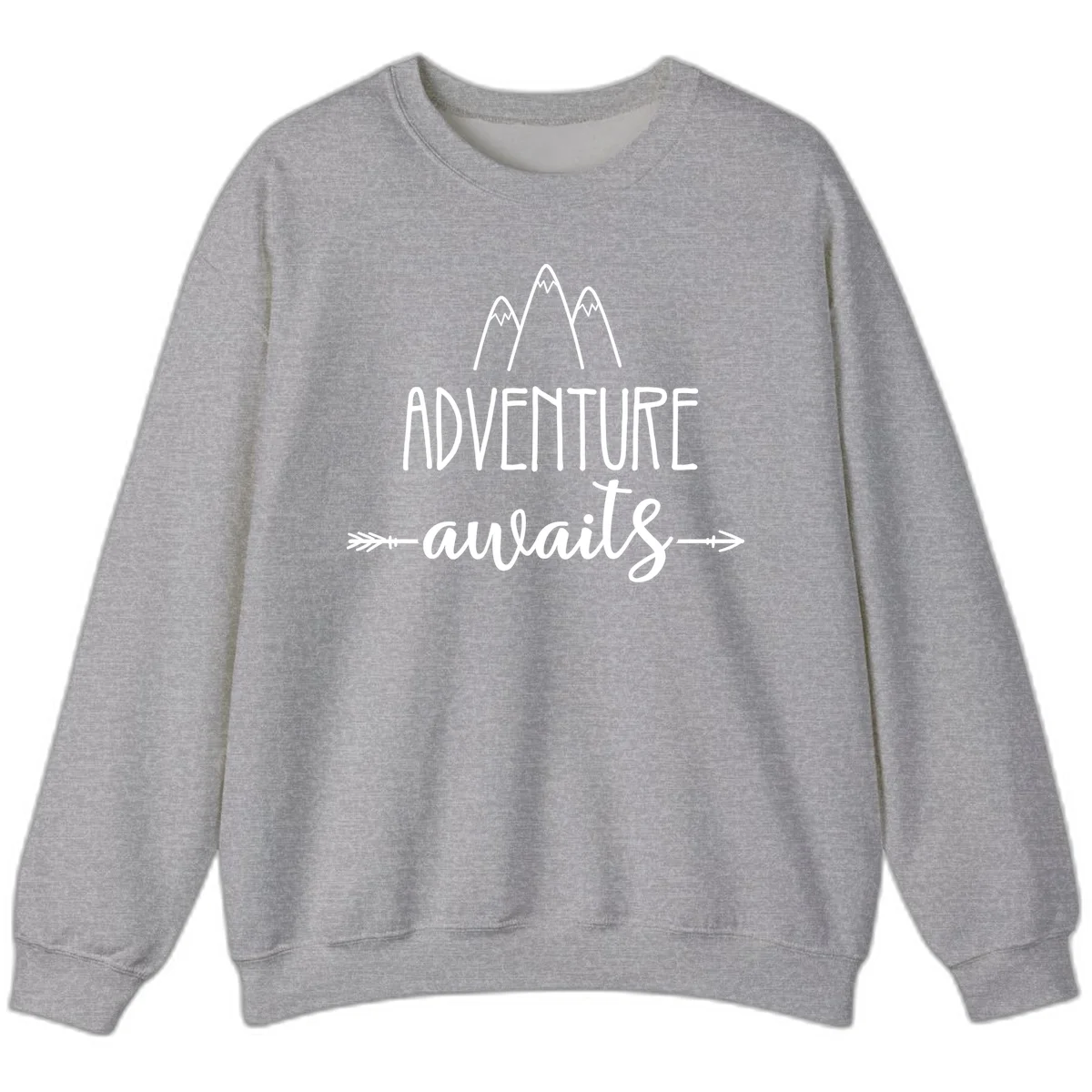 Adventure awaits mountains design with three snow-capped peaks and decorative arrows in white linework in Sport Grey
