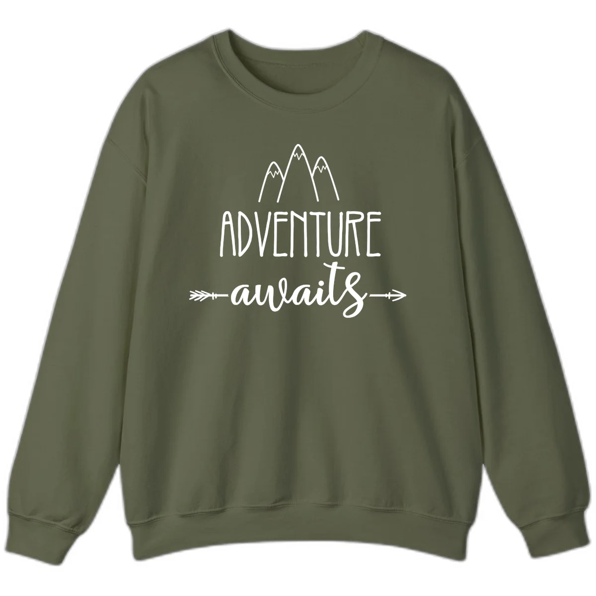 Adventure awaits mountains design with three snow-capped peaks and decorative arrows in white linework in Military Green